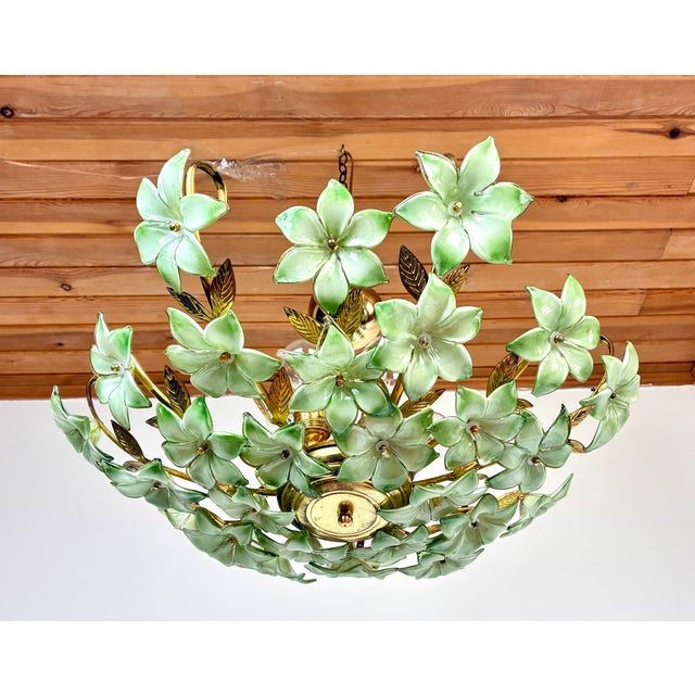 1970s Vintage Murano Style Hand-Painted Green Glass Floral Flush Mount Chandelier⁠ For Sale - Image 11 of 18
