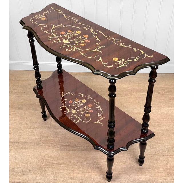 Rococo Vintage Italian Rococo Marquetry Fruitwood Console Hall Table For Sale - Image 3 of 12