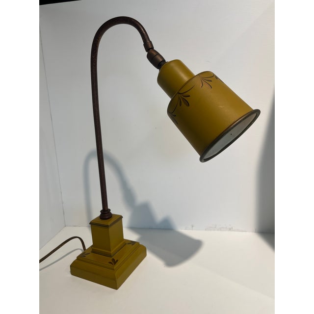 1940s French Metal Tole Mustard Desk Lamp With Toleware Paint & Shade For Sale - Image 9 of 10