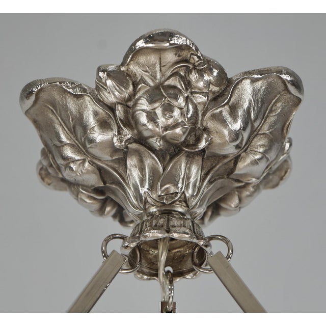 Peach Muller Freres French Art Deco Pendant Chandelier 1920s - Peach Frosted Glass & Nickeled Bronze For Sale - Image 8 of 9