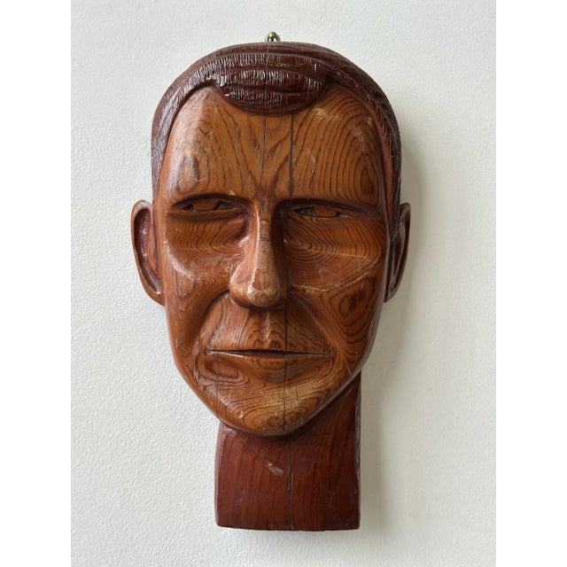 Wood Vintage Hand-Carved Male Bust Wall Hanging, Circa Mid 20th-Century For Sale - Image 7 of 13