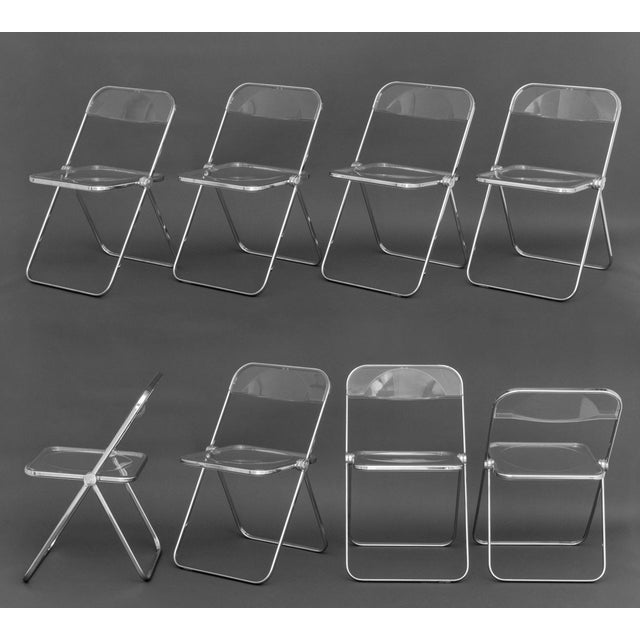 Set of Eight Giancarlo Piretti for Castelli "Plia" Folding Chairs, clear acrylic and chrome, each marked "plia patent...