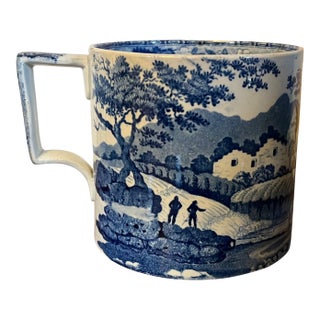 Antique Early 19th Century English George III Staffordshire Pearlware Blue & White Pottery Porter's Tankard Mug Circa 1820 For Sale