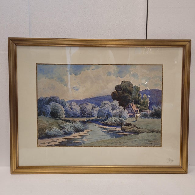 French Artist, Landscape in Blue, 1980s, Watercolor For Sale - Image 3 of 16