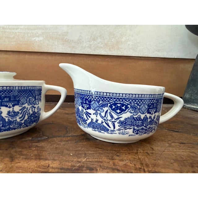 1960s Blue Willow Sugar Bowl With Lid and Creamer For Sale - Image 9 of 12