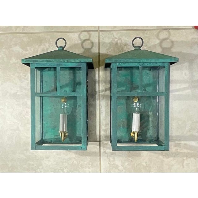 Turquoise Vintage Pair of Solid Brass Outdoor Wall Lanterns – 13”h X 7”.5w X 7”.5d For Sale - Image 8 of 18