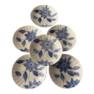 Antique Blue Ridge Southern Potteries Hand Painted Blue and White Flower Bowls - Set of 6 For Sale