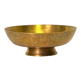 Antique Engraved Chinese Brass Bowl W/ Auspicious Calligraphy, Dragons & Xuande Ming Dynasty Mark For Sale