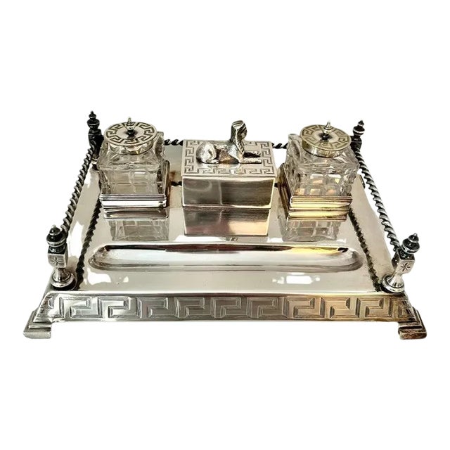 Silver Plate Ink Well with Gallery, Sphinx and Greek Key Details - 4 Pieces For Sale