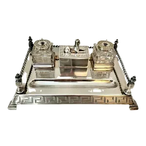 Silver Plate Ink Well with Gallery, Sphinx and Greek Key Details - 4 Pieces