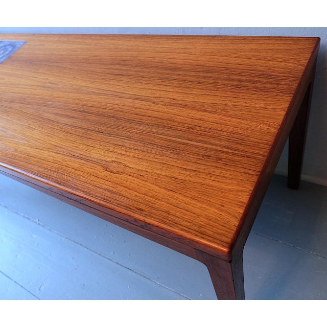 Rosewood Coffee Table with Blue Ceramic Tiles, Denmark, 1960s For Sale - Image 4 of 15