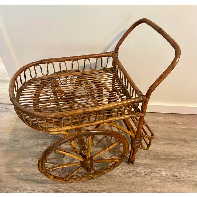 French Riviera Rattan Bar Cart Audoux & Minet 1950s For Sale - Image 9 of 11