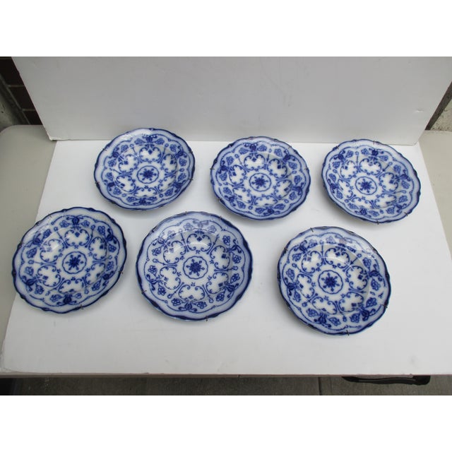 Art Nouveau New Wharf Pottery Flow Blue Transfer Conway Pattern Plate 9" 1890-94. These ar Large Rim Soup Bowls munted in...