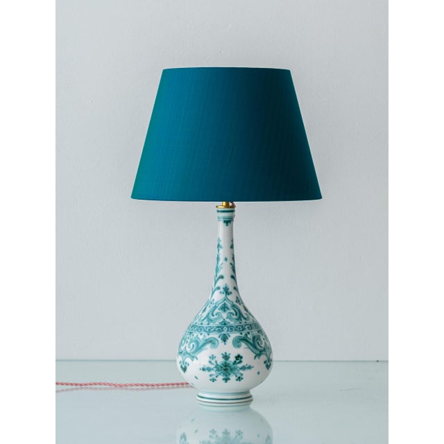 Metal Vintage Royal Delft Teal Hand-Painted Ceramic Table Lamp with New Peacock Blue Dupion Silk Shade, Delvert Series, 1970s For Sale - Image 7 of 13