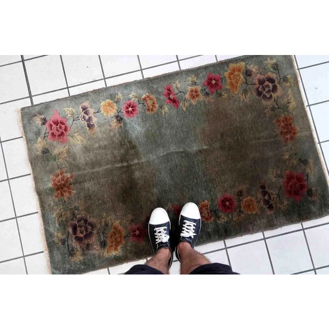 Textile 1920s Handmade Antique Art Deco Chinese Rug 2.9' X 4.7' For Sale - Image 7 of 12