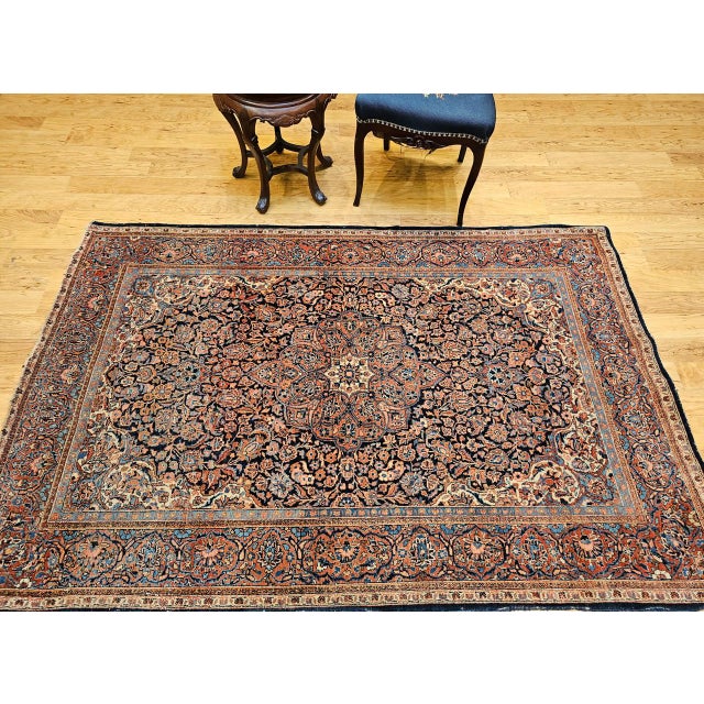 Vintage Persian Kashan Rug, Hand-Knotted Wool, Floral Pattern, Navy & Blue, 5x7 For Sale In Chicago - Image 6 of 17