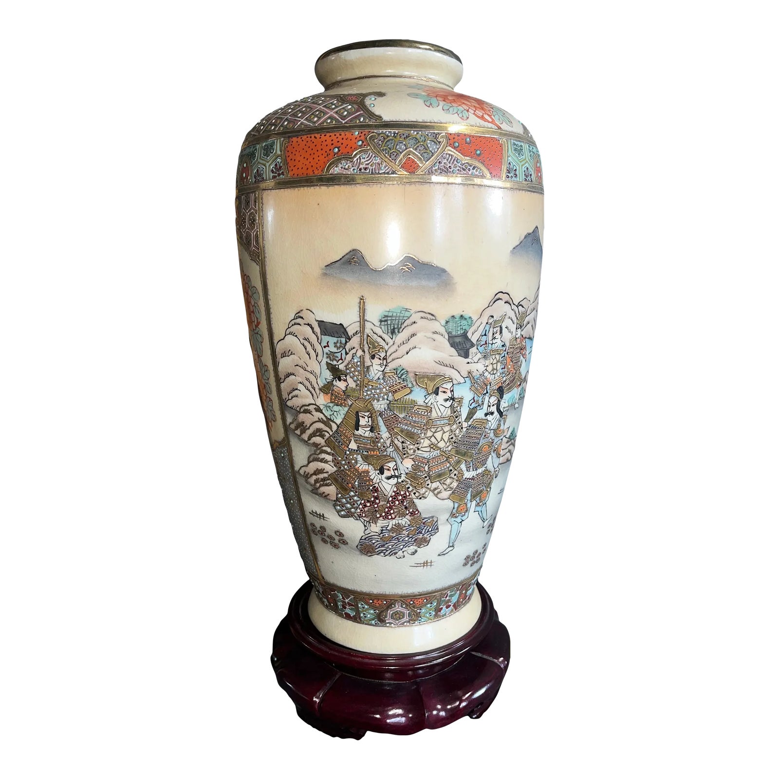 Vintage Japanese Porcelain Satsuma Vase on Wood Stand Chairish