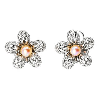 1970s 14K White Gold Pearl Diamond Filigree Lace Floral Earrings, Pair For Sale