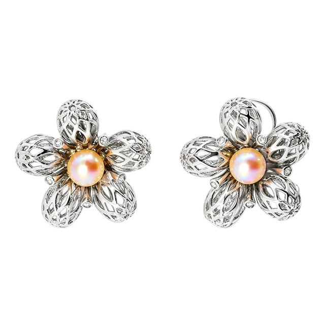 1970s 14K White Gold Pearl Diamond Filigree Lace Floral Earrings, Pair For Sale