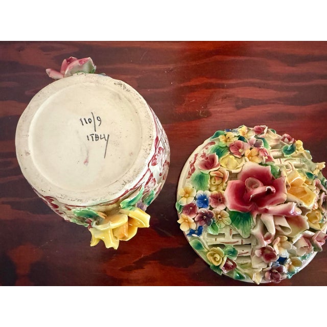 Vintage Italian Capodimonte Porcelain Flower Basket Box With Applied Roses For Sale - Image 10 of 11