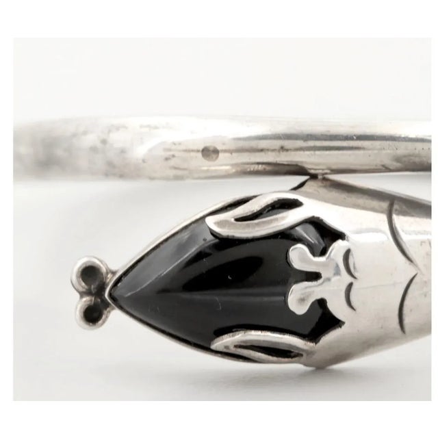 Modern 1980s Mexican Modern Sterling Obsidian Snake Bangle Bracelet-Hallmark-Two Trees -Listed in Book For Sale - Image 3 of 5