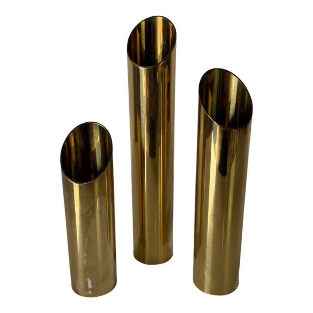 Mid Century Modern Danish Brass Cylinder Candle Holders – Set of 3 For Sale