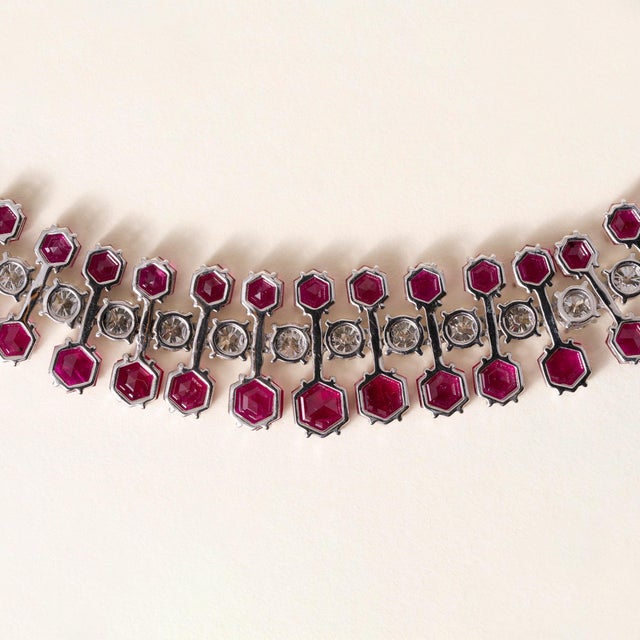 Vintage 38.91 Carats Ruby & 17.71 Carats Diamond Triple Row Necklace 14k Gold For Sale - Image 4 of 4
