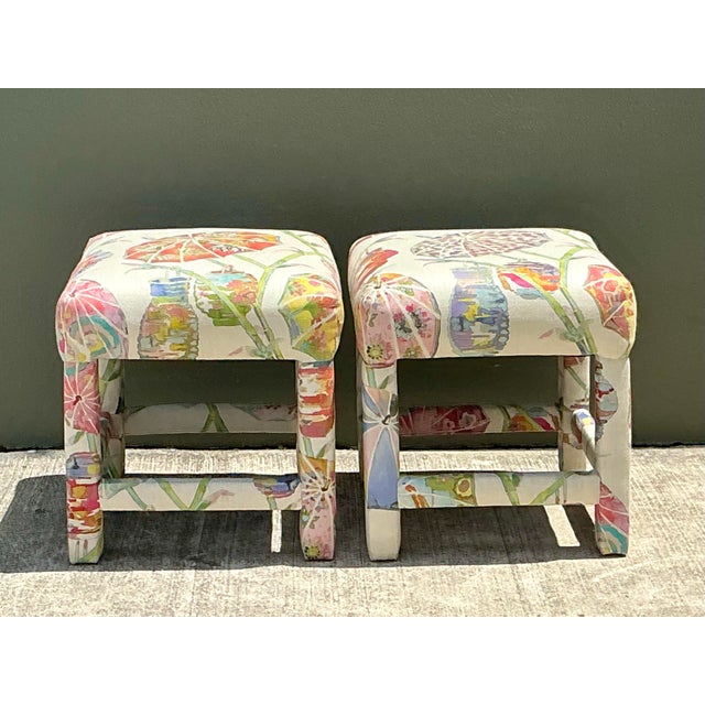 Illustration Vintage Printed Paper Napkin Low Stools - A Pair For Sale - Image 3 of 12