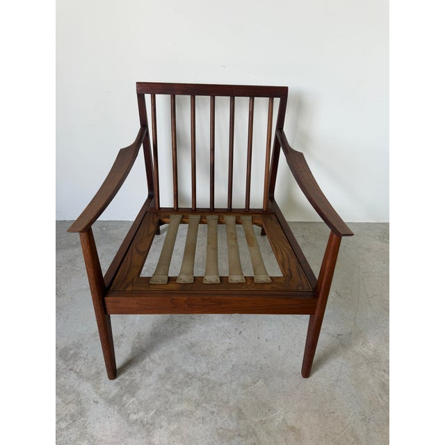 Mid Century Ib Kofod Larsen Style Scandinavian Lounge Chair With Blue Leather Cushions For Sale - Image 14 of 18