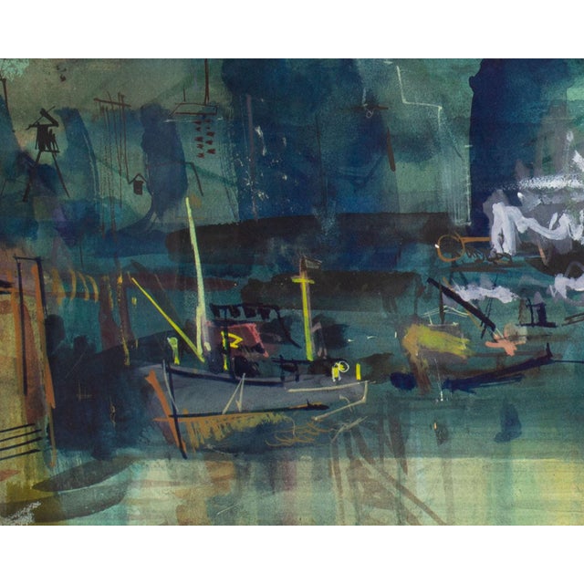 Mid 20th Century Abstract Watercolor Painting of a Harbor by Szuba For Sale - Image 5 of 8