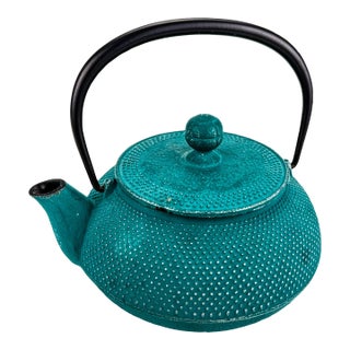 Vintage Japan Turquoise Cast-Iron Iwachu Teapot For Sale