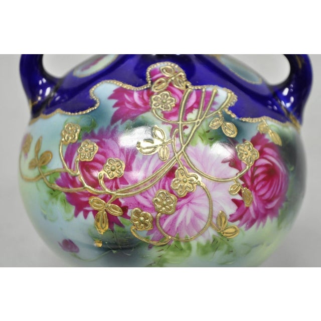 Vintage Victorian Blue Hand Painted Porcelain Floral Twin Handled Bulbous Vase For Sale - Image 4 of 14