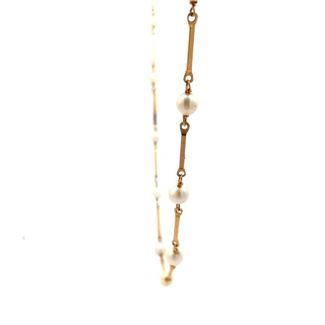 Vintage 14k-18k Yellow Gold Bar Stick Link Pearl Opera Necklace 34'long For Sale - Image 4 of 5