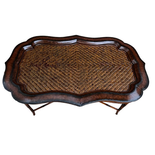 1980s Maitland-Smith Regency Faux Bamboo Base Leather and Wicker Tray Top Coffee Table For Sale - Image 16 of 18