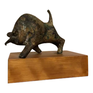 Bronze Bull Sculpture on Wood Stand