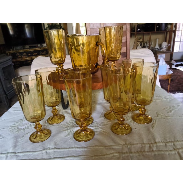 American Vintage Mid-Century Amber Glass Water Pitcher & Tall Stemmed Goblets Rare 17-Piece Set For Sale - Image 3 of 7