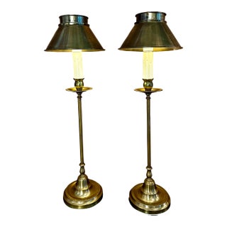 Pair of Vintage Stiffel Brass Candlestick Lamps With Brass Shades For Sale