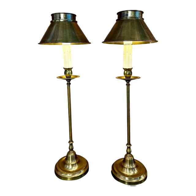 Pair of Vintage Stiffel Brass Candlestick Lamps With Brass Shades For Sale