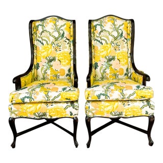 Late 20th Century Vintage Designer Yellow Floral Wingback Accent Chairs by Century Chair Company – a Pair For Sale