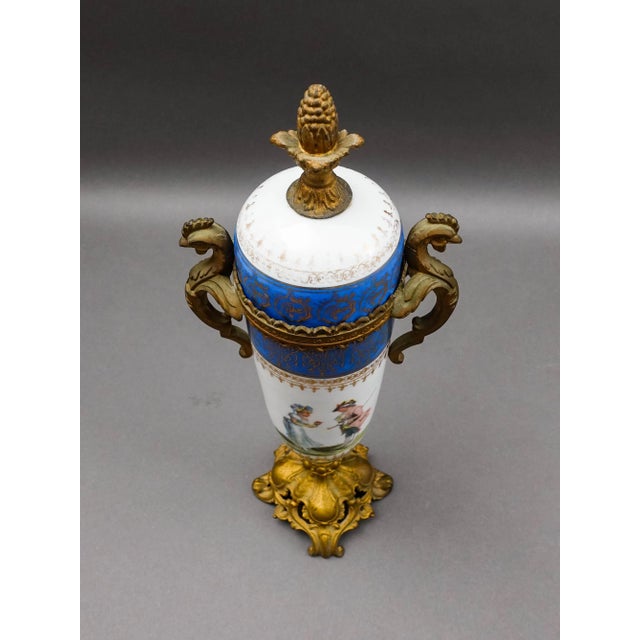 Early 20th Century Sevres Style Antique French Hand Painted Porcelain Bronze Ormolu Mounts Urn Vase For Sale - Image 5 of 10