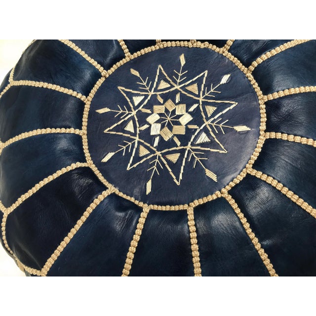 Moroccan Blue Leather Pouf Covers - a Pair For Sale - Image 4 of 9