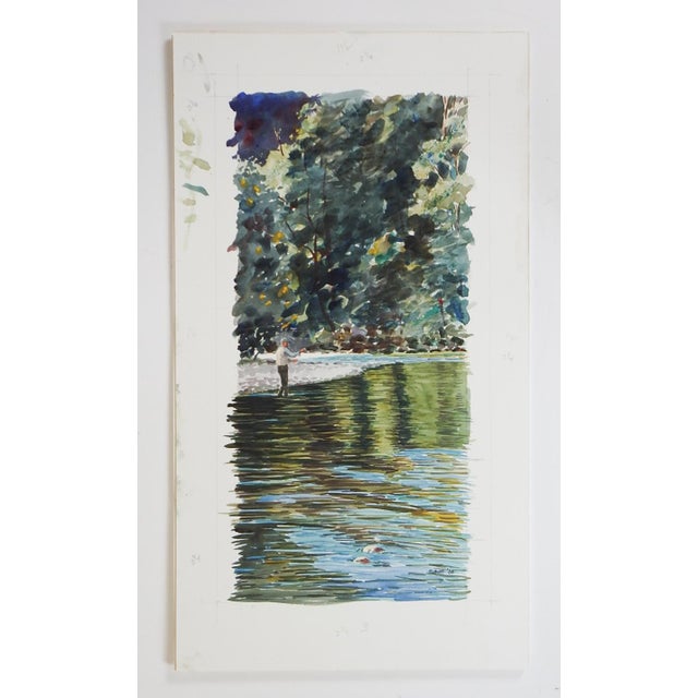 2000 - 2009 Contemporary Fly Fisherman Watercolor Painting For Sale - Image 5 of 5