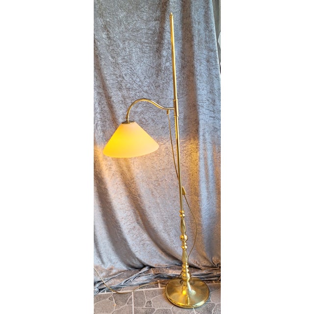 Height-Adjustable Floor Lamp with Brass Frame and Cream-Colored Glass Shade, 1980s For Sale - Image 3 of 7