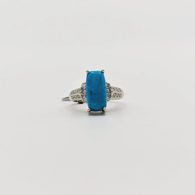 Metal Turquoise Oval Cabochon and White Diamond Ring in Platinum, size 5.75 For Sale - Image 7 of 8