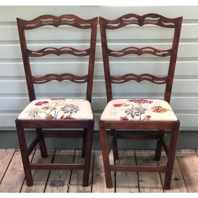 Pair Peg Antique Chippendale Ribbon Back Pierced Ladder Back Chairs Needlepoint Seats Stunning See Photos For Sale - Image 11 of 11