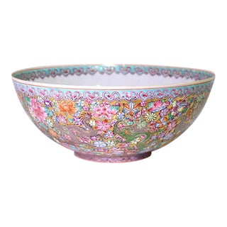 Large Chinese 'Eggshell' Porcelain Bowl With Gilt, Millefiore Flowers and Green Dragon 9.5" For Sale