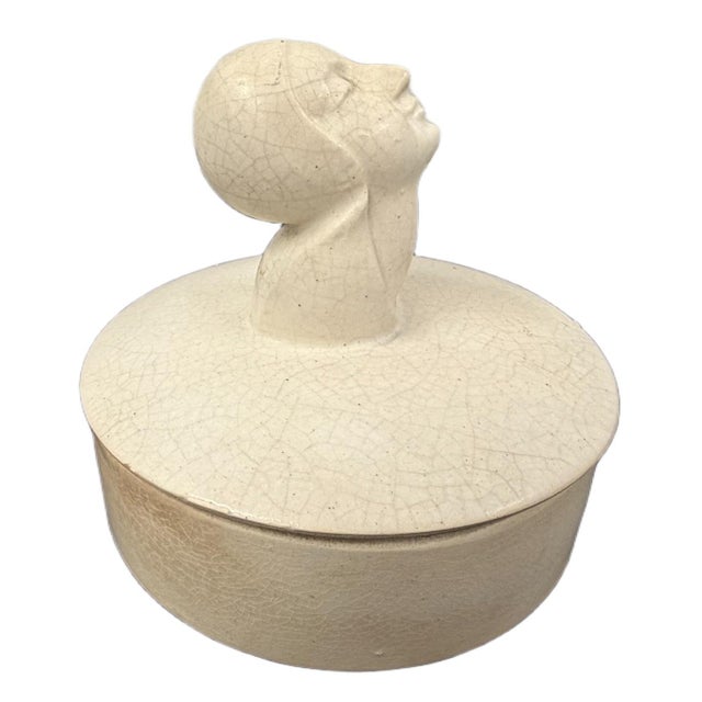 Antique 1930s Art Deco Earthenware Powder Box with Female Bust Handle - Made in Japan Period: 1930s Styles: Art Deco Place...