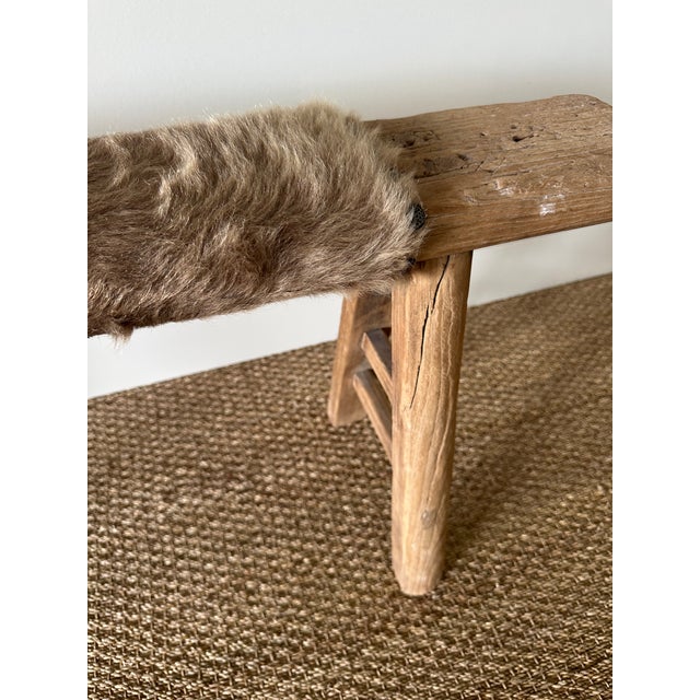 Early 20th Century Antique Asian Shandong Elm Bench With Hide Upholstery For Sale - Image 5 of 12