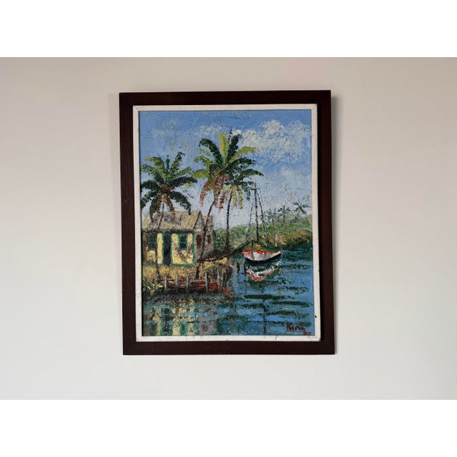 Vintage Caribbean Tropical Coastal Landscape Oil on Canvas Painting, Framed For Sale - Image 4 of 13