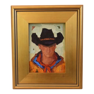 Impressionist Farmhouse Western Cowboy Painting Including the Antiqued Gold Wood Frame For Sale